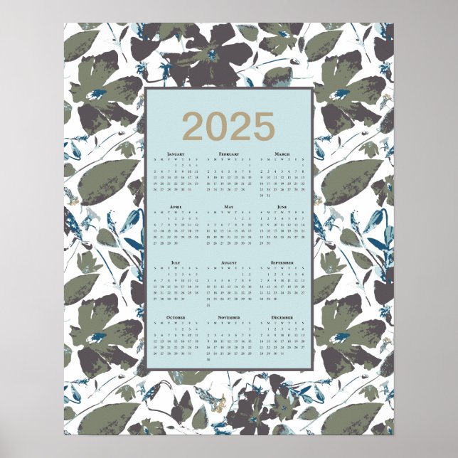 2025 Calendar Grönt Blue Clematis Blommigt Poster (Framsidan)