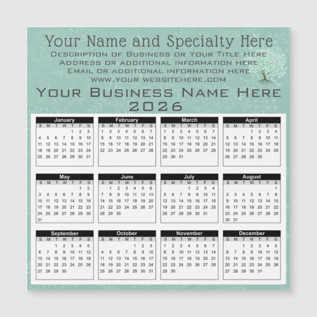 2025 Calendar Heart Löv Träd Blommigt Mint Grönt (Framsida)