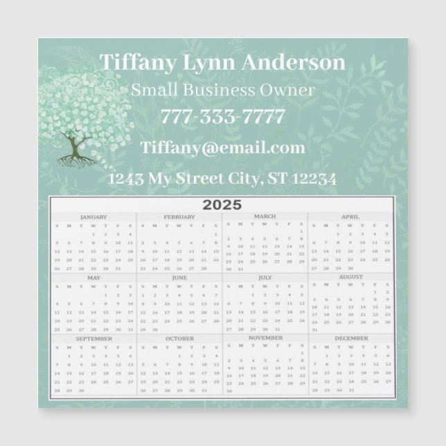 2025 Calendar Heart Löv Träd Blommigt Mint Grönt (Framsida)