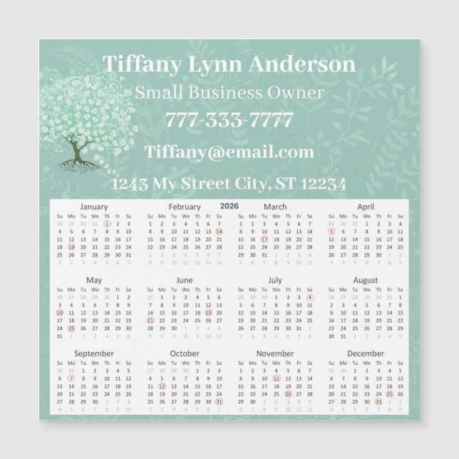 2025 Calendar Heart Löv Träd Blommigt Mint Grönt (Framsida)