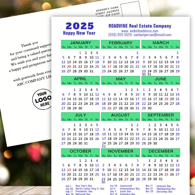 2025 Calendar Modern Blue Grönt Business Logotyp Helg Vykort (Skapare uppladdad)