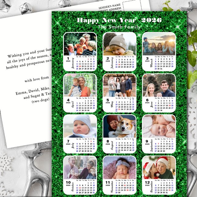 2025 Calendar Modern Family 12 Photo Grönt Glitter Helg Vykort (Skapare uppladdad)