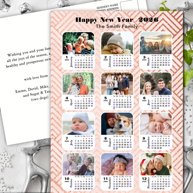 2025 Calendar Modern Family 12 Photo Rosa Glitter Helg Vykort (Skapare uppladdad)