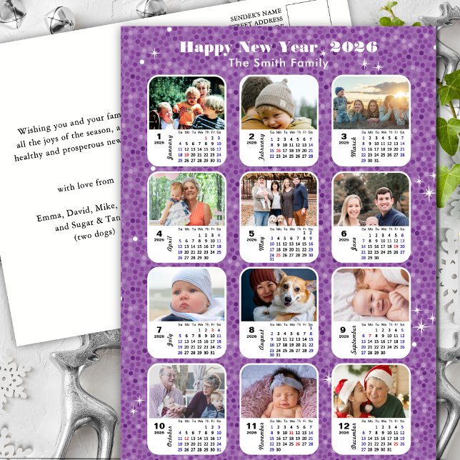 2025 Calendar Modern Family Photo Lila Glitter Helg Vykort (Skapare uppladdad)