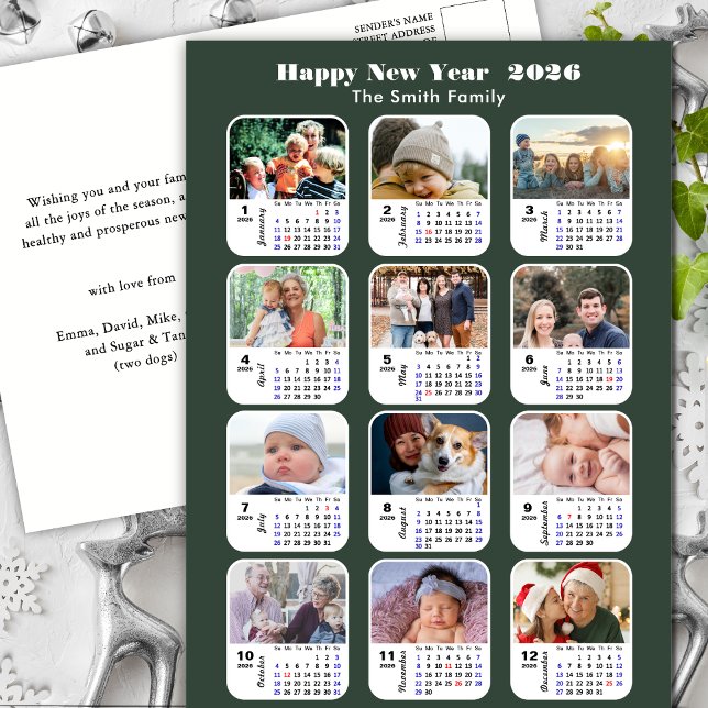 2025 Calendar Modern Grönt Family 12 Photo Collage Vykort (Skapare uppladdad)