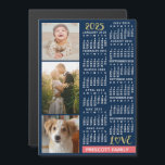 2025 Calendar Navy Coral Guld Anpassningsbar Photo Magnetisk Inbjudningskort<br><div class="desc">Fira 2025 med det här preppy Photo Collage-kalendermagnetkortet. Med lättläst data i fet vit har den här vackert enkla kalendern ord "2025" och "KÄRLEK" i faux guld glitter med en skarp korall rosa pub längs grund för din personlig familj namn eller annan text. Bakgrunden är marin blå. Lägg till tre...</div>