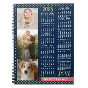 2025 Calendar Navy Coral Guld Family Photo Collage Anteckningsbok