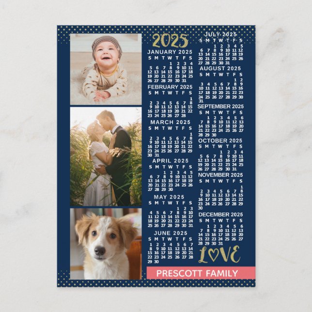 2025 Calendar Navy Coral Guld Family Photo Collage Vykort (Framsida)