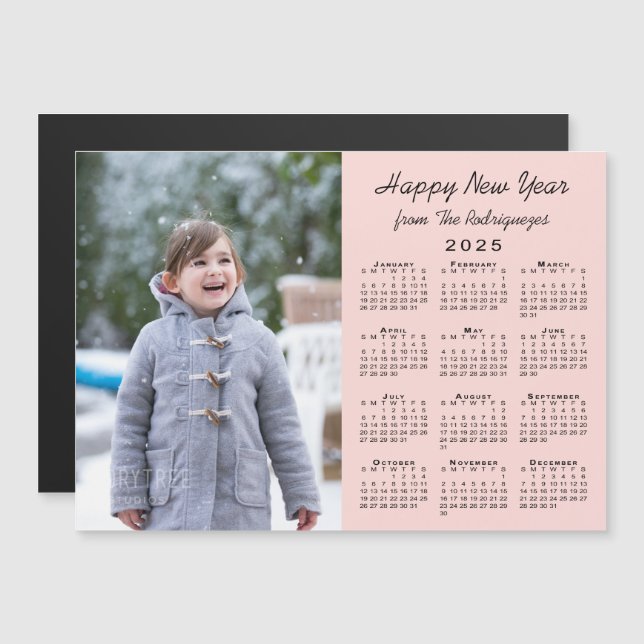 2025 Calendar Photo Rosa Gott nytt år Magnet (Fram/baksida)
