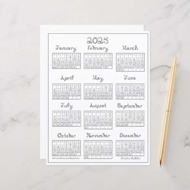 2025 Calendar Printable Silver Grått Fabric-tecken (Fram/Back In Situ)