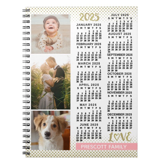 2025 Calendar  Rosa Guld Family Photo Collage Anteckningsbok (Framsidan)