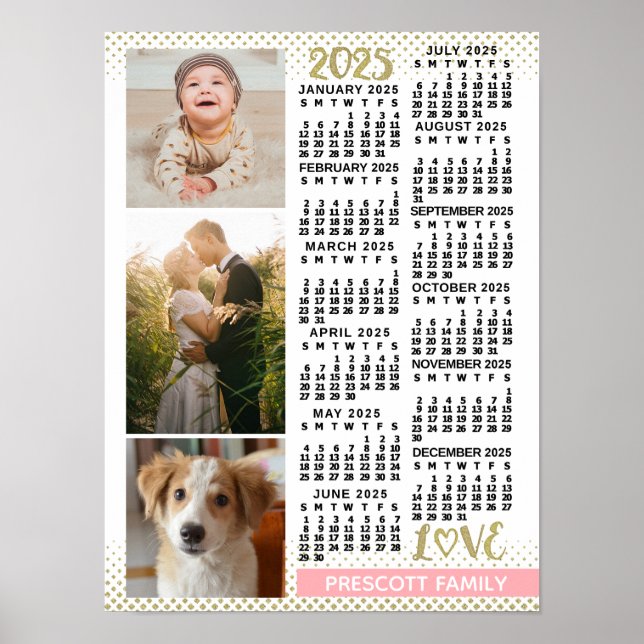 2025 Calendar  Rosa Guld Family Photo Collage Poster (Framsidan)