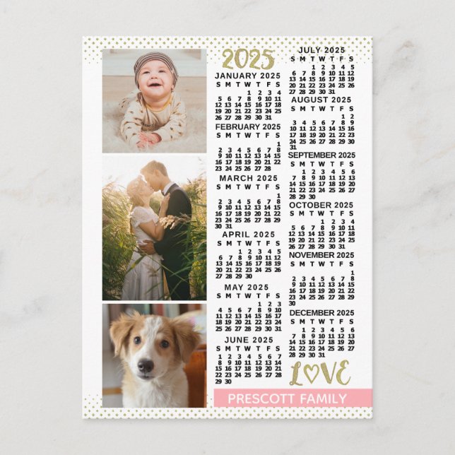 2025 Calendar  Rosa Guld Family Photo Collage Vykort (Framsida)