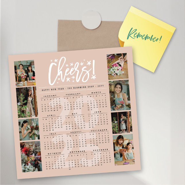 2025 Calendar Starry Cheers 8 Photo Helgdag Card (2025 Calendar Starry Brushed Script Cheers 8 Photo Holiday Magnetic Card @ fat_fa_tin)
