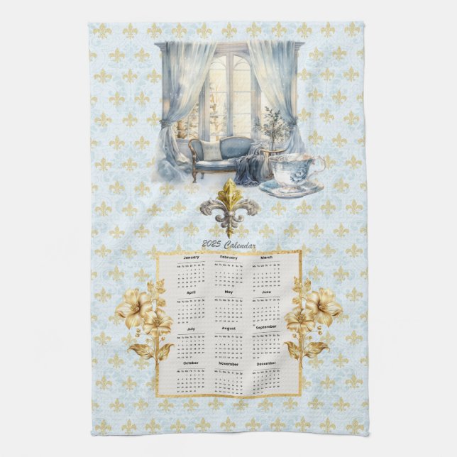 2025 Calendar Towel Blue Fleur de Lis Parisian Kökshandduk (Vertikal)