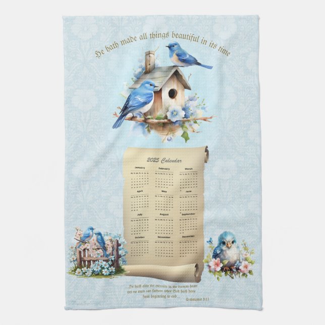 2025 Calendar Towel Bluebirds Birdhouse ECC 3:11 Kökshandduk (Vertikal)