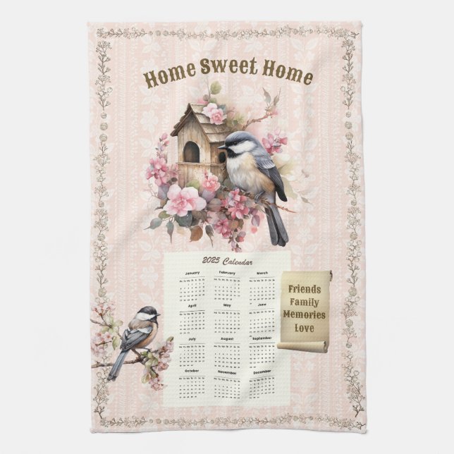 2025 Calendar Towel Chickadees Home Sweet Home Kökshandduk (Vertikal)
