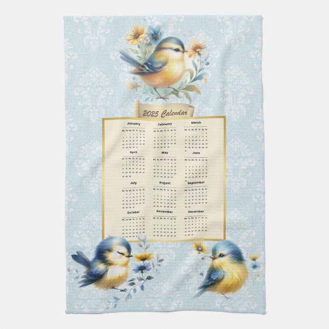 2025 Calendar Towel Cute Folds Blue Damask Kökshandduk (Vertikal)