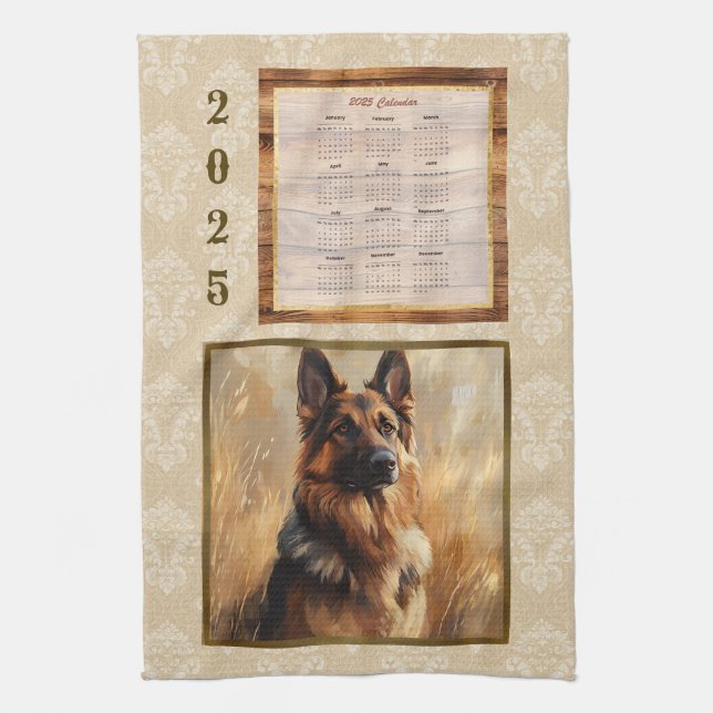 2025 Calendar Towel German Shepherd Tan Damask Kökshandduk (Vertikal)