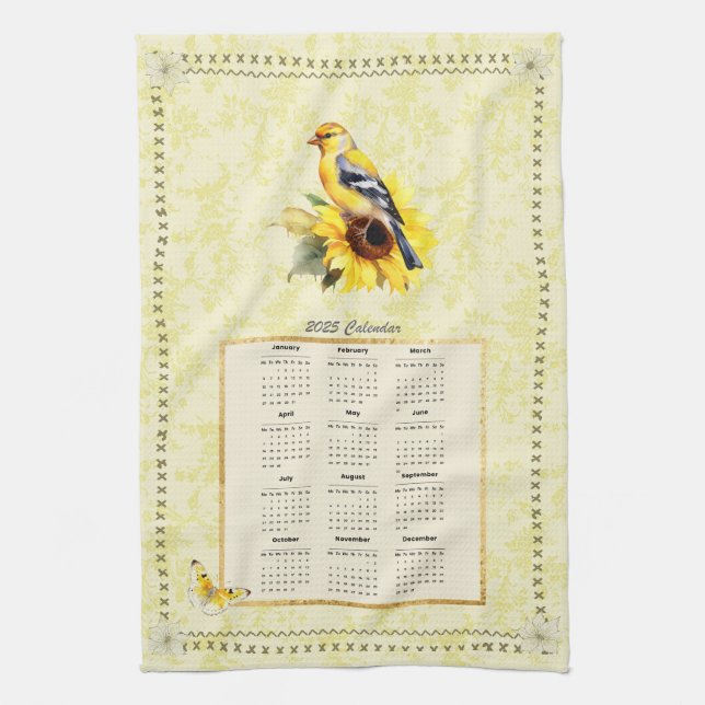2025 Calendar Towel Gult Goldfinch Kökshandduk (Vertikal)