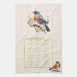2025 Calendar Towel Robin Bird Peach Damask Kökshandduk