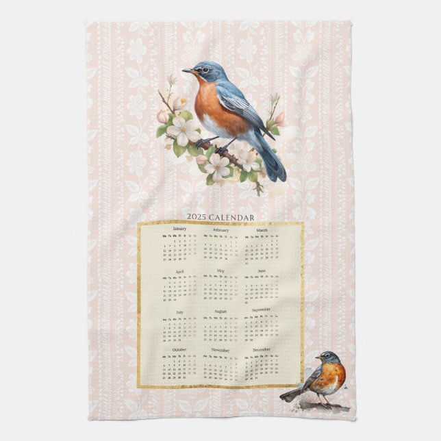 2025 Calendar Towel Robin Bird Peach Damask Kökshandduk (Vertikal)