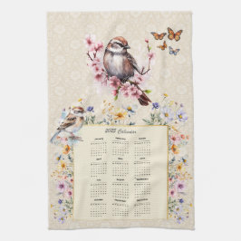 2025 Calendar Towel Sparrow med Wildblommor Kökshandduk
