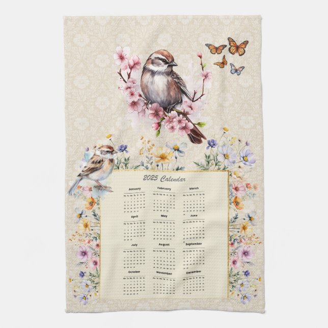 2025 Calendar Towel Sparrow med Wildblommor Kökshandduk (Vertikal)