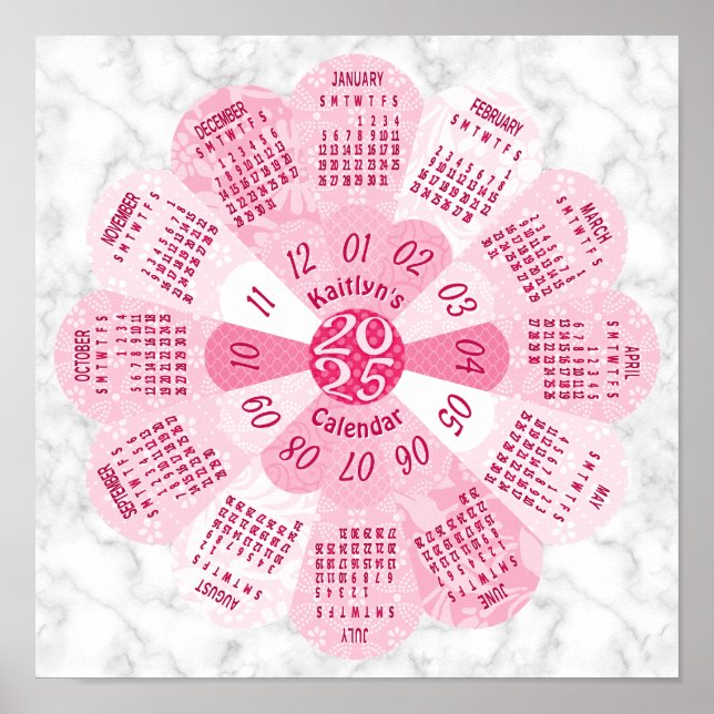 2025 Calendar Unique Round Boho Rosa Flower Anpass Poster (Framsidan)