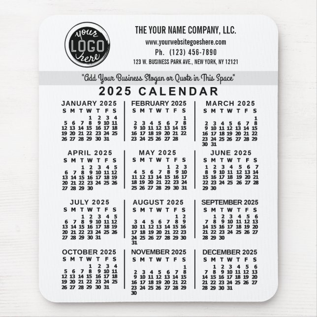 2025 Calendar White Anpassningsbar Business Logoty Musmatta (Framsidan)
