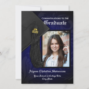 2025 Elegant Blue Tassel Charm Photo Studenten Inbjudningar