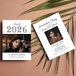 2025-Elegants svart, vit fotoStudentfest Inbjudningar