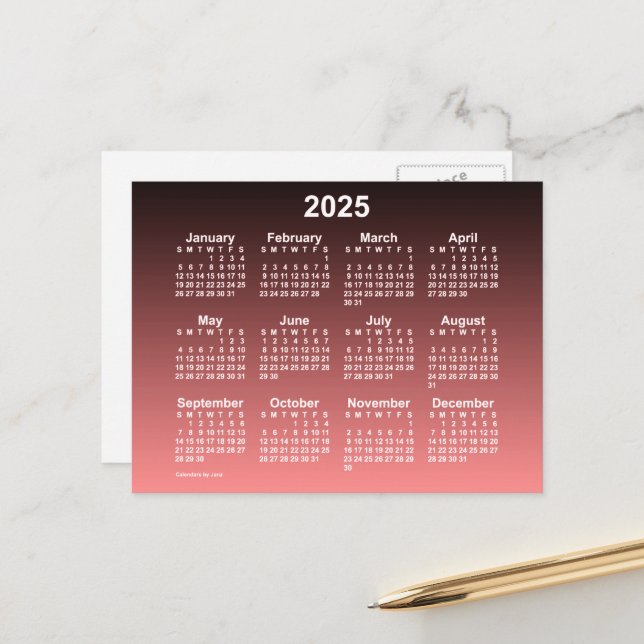 2025 Faded Red Neon Mini Kalender av Janz Postcard Vykort (Fram/Back In Situ)