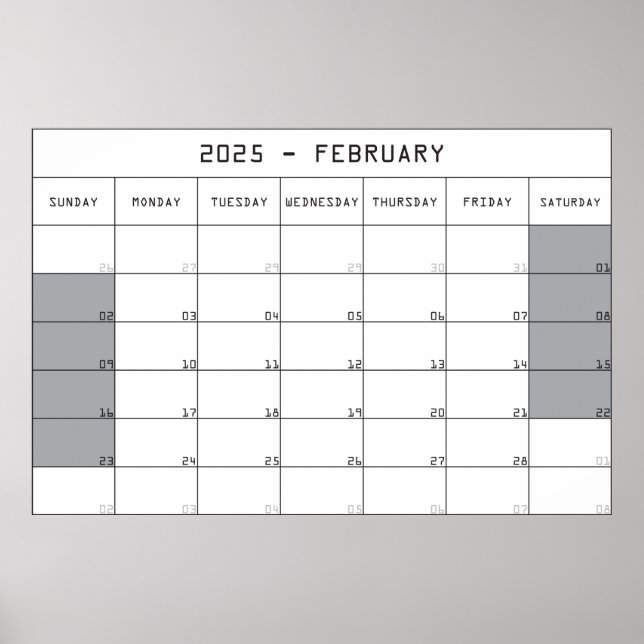 2025 februari planer kalender stor anteckningar ut poster (Framsidan)