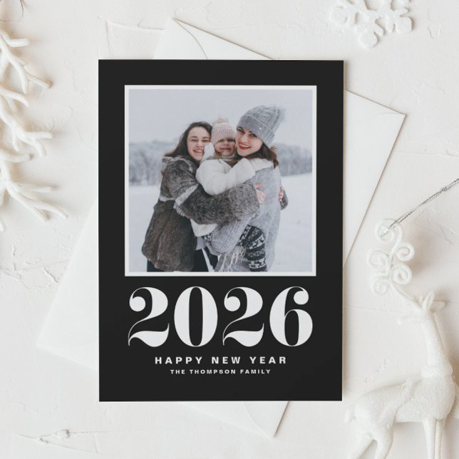 2025-fetstil, nyårfoto, svart 2025 julkort (Ring in 2026 with a stylish retro flair using this black and white Happy New Year photo card.)