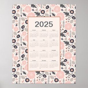 2025 Fullt Calendar Rosa Grått Botanical Poster