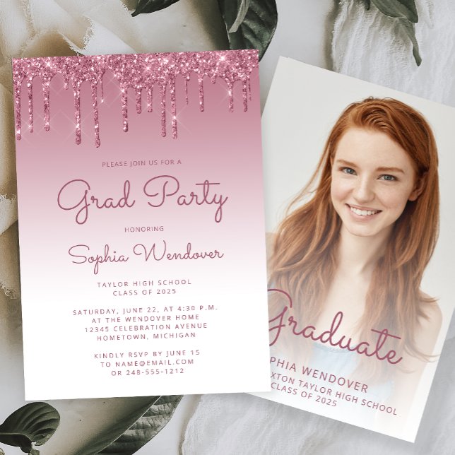 2025 Glam Burgundy Glitter Drip Photo Studenten Inbjudningar (Skapare uppladdad)