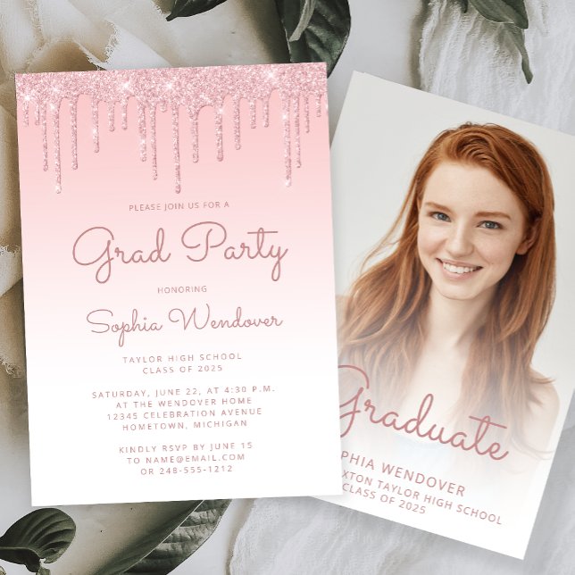 2025 Glam  Rosa Glitter Drip Photo Studenten Inbjudningar (Skapare uppladdad)