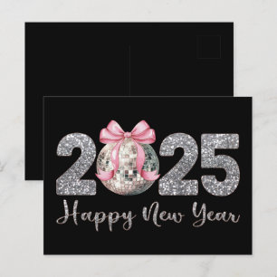 2025 Gott nytt år Disco Boll Rosa Bow Helg Vykort
