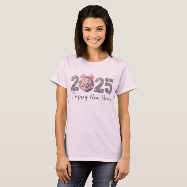 2025 Gott nytt år Disco Boll Rosa Bow T Shirt (Hel framsida)