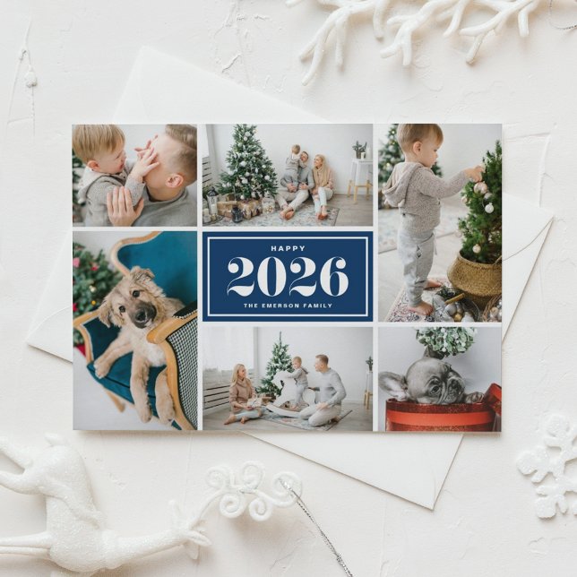 2025-Gott nytt år, fotokollage Julkort (Send 2026 new year cheer with this customizable navy blue photo collage Happy New Year Photo Card. )