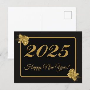 2025,Gott nytt år!guld blomma och svart bakgrund Vykort