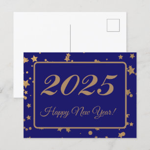 2025,Gott nytt år!guld-stjärnor och marin bakgrund Vykort