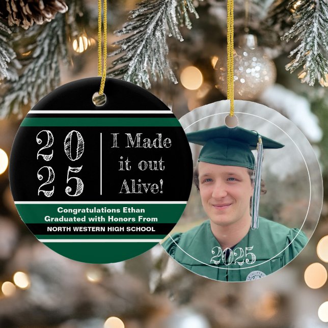 2025 Green and Black Photo Graduation Julgransprydnad Keramik (2025 Green and Black Photo Graduation Ceramic Ornament)