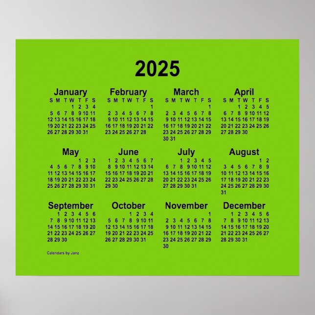 2025 Gul Grön Kalender av Janz Print Poster (Framsidan)