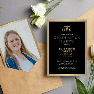 2025 guld svartvit elegant MD-fotostudentfest Inbjudningar