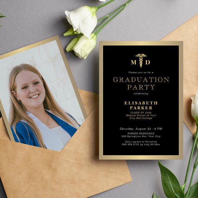 2025 guld svartvit elegant MD-fotostudentfest Inbjudningar (Skapare uppladdad)