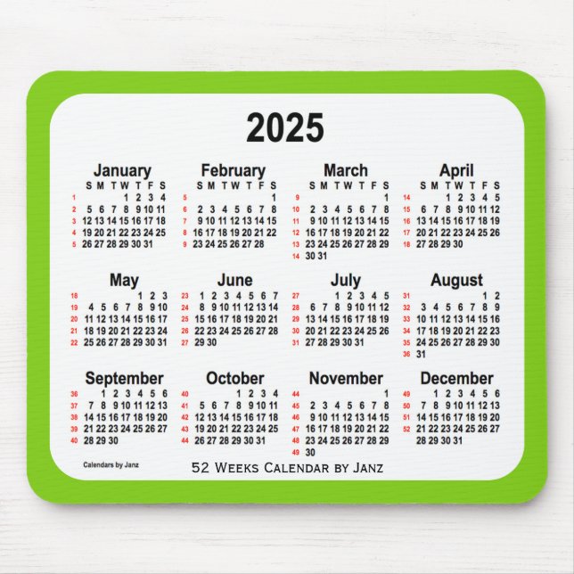 2025-Gultens Grönt 52 veckors kalender från Janz Musmatta (Framsidan)