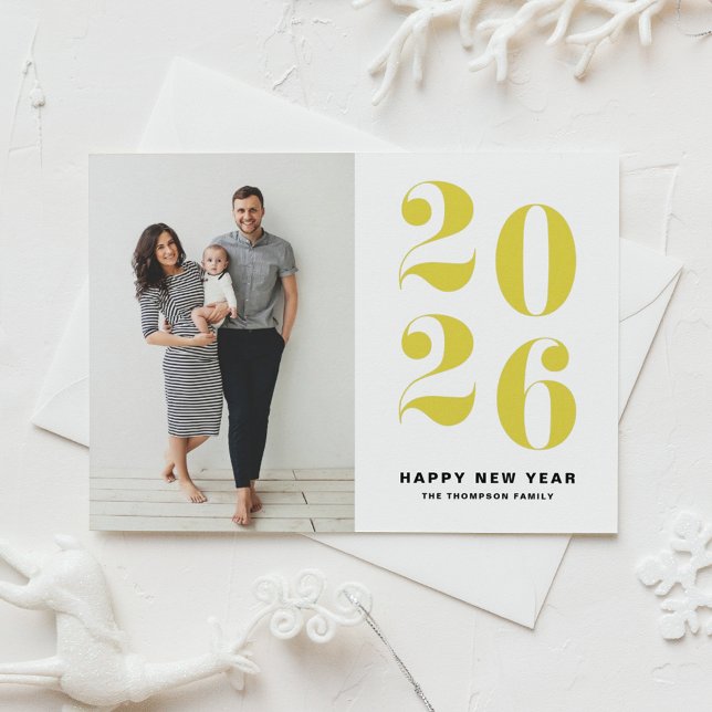 2025-Gults fet typografi - nyårfoto Helgkort (Ring in 2026 with this Happy New Year Photo Card featuring 2026 in yellow retro bold typography.)