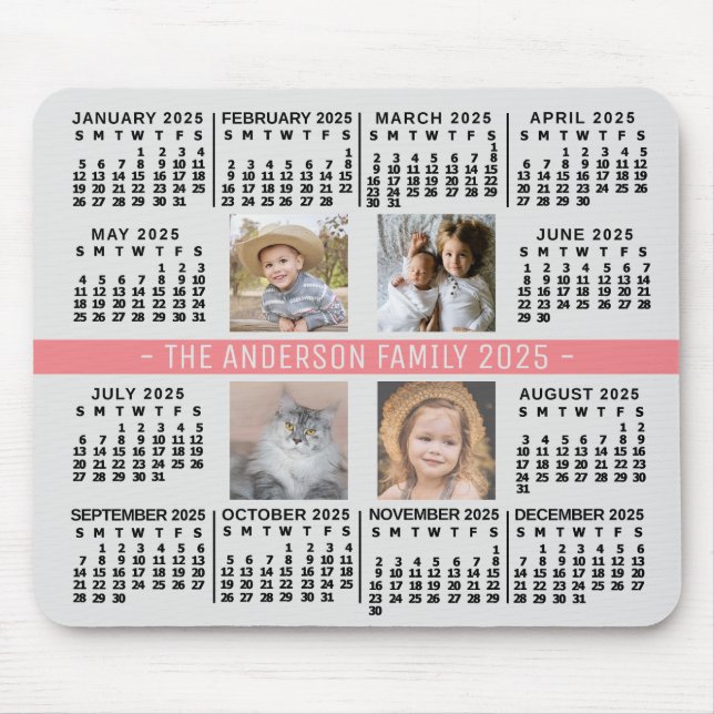 2025 Kalender 4 Anpassningsbar Photo Namn Grått Co Musmatta (Framsidan)